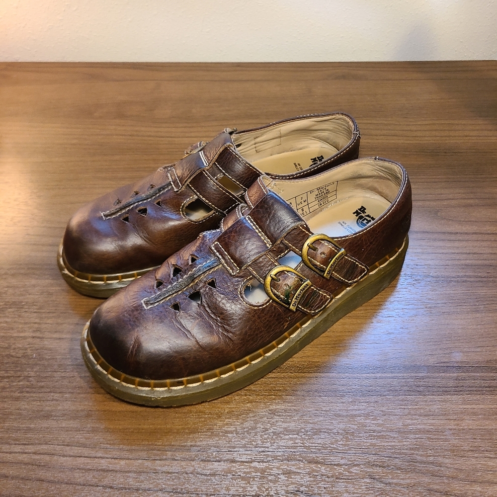 Dr Martens Vintage Mary Janes Brown Leather Eyelet Double Strap